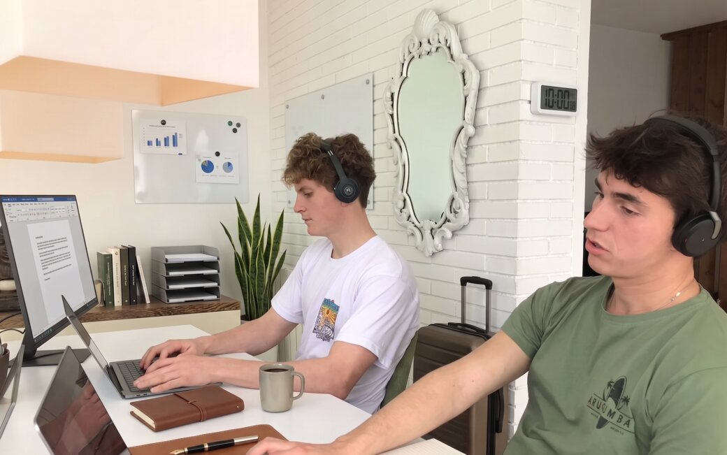 Dos comerciales de Cerca con auriculares trabajando en la oficina